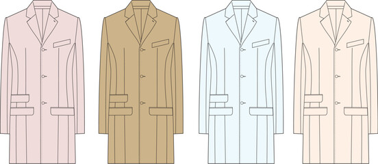 Set of men's single-breasted coats in pastel colors. Fashion design concept template for apparel and menswear collection vector illustration