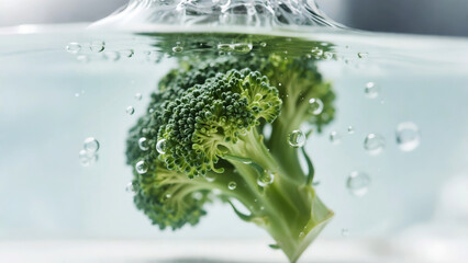 Broccoli floret submerged in water with rising bubbles, clean eating concept