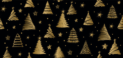 Christmas gold tree pattern on black hand drawn illustrations.