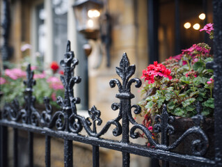 Ornate black wrought iron fence adorned with vibrant red and pink flowers outside a charming urban building with warm glowing lights in the background