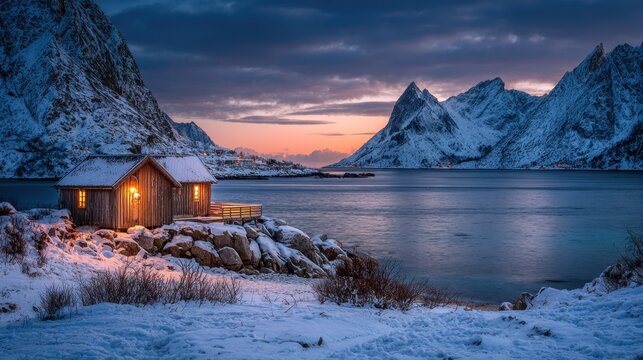 Cozy Cabin in Lofoten Islands Norway During Winter Nightfall Scenery
