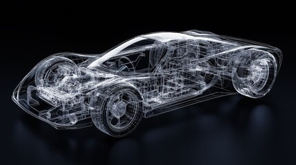 Naklejka premium Detailed rendering of a transparent sports car showcasing internal components and engineering design