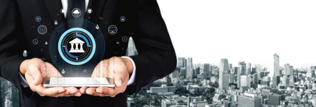 A global FinTech and digital banking network technology concept. A central financial system connected to the worldwide digital economy and services. Motif - Powered by Adobe