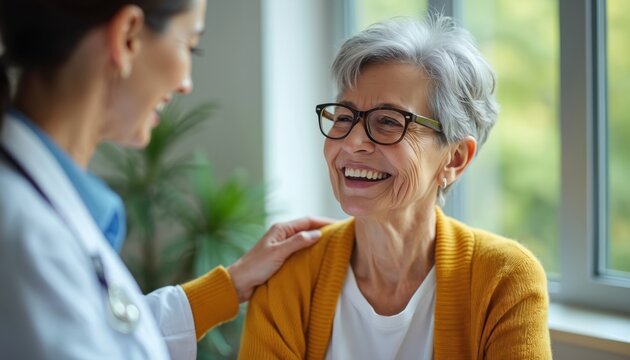 Doctor comforts senior woman during consultation. Healthcare pro supports elderly patient in office. Kind physician offers caring hand on shoulder of happy senior woman. Doctor smiles with trust. - Powered by Adobe