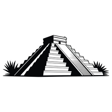 Stylized illustration of a mayan pyramid with surrounding foliage