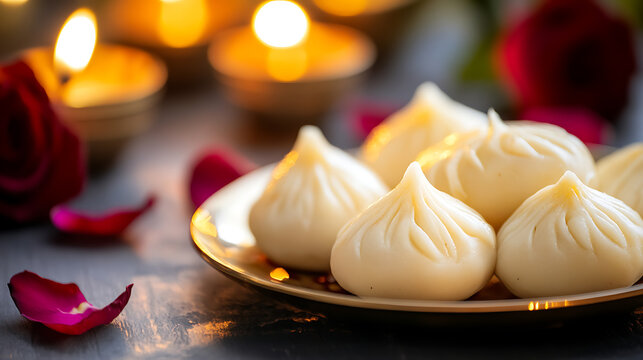 Delicate dumplings arranged on a golden plate, bathed in the warm glow of candlelight, accented by soft rose petals. A feast for the senses, celebrating culture.