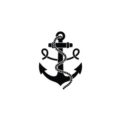 Anchor with coiled rope minimal vector silhouette black nautical design isolated