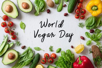 Fresh vegetables and herbs arranged artistically on a wooden surface, celebrating healthy eating and plant-based lifestyle for World Vegan Day with vibrant colors and textures