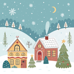 Naklejka premium Cozy Snowy Village Scene With Two Houses, Trees, And Moonlit Night Under Snow