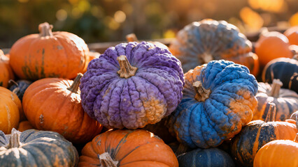 Colorful Heirloom Pumpkins: A Harvest Display of Orange, Purple, and Blue Gourds