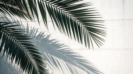 Obraz premium Silhouette of palm tree leaves against a white wall background with copy space,palm, tree, leaf, tropical, leaves, green, nature, summer, plant, exotic, isolated, palm tree, branch, white, paradise, b