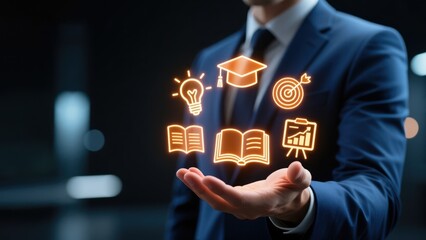 Obraz premium A hand holding a glowing learning icons symbolizing education, success, and social media networking and communication