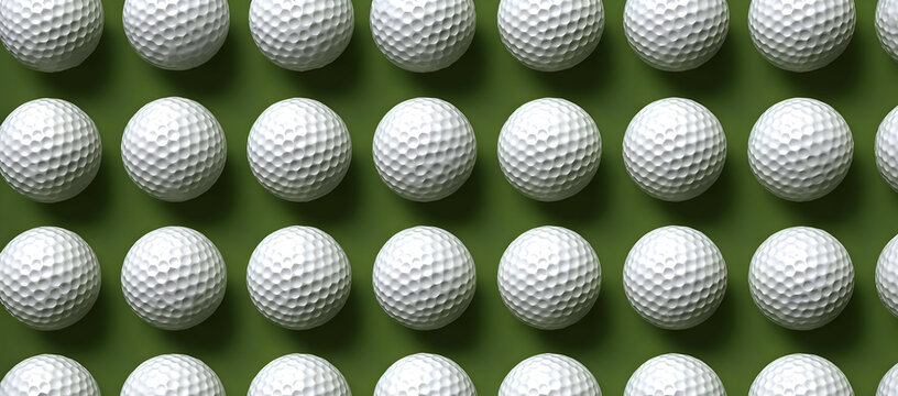 Close-up view of multiple golf balls arranged in a uniform pattern on green grass, representing precision and focus.