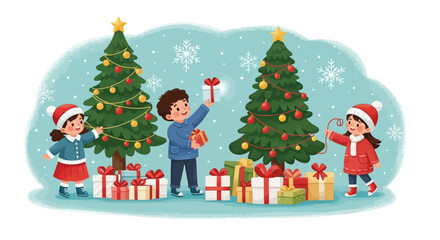 Kids decorating a Christmas  illustratio