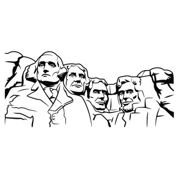 Black and white line drawing of mount rushmore presidents