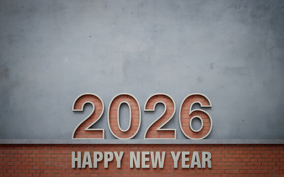 Happy New Year 2026 Greeting on an Industrial Brick and Concrete Wall