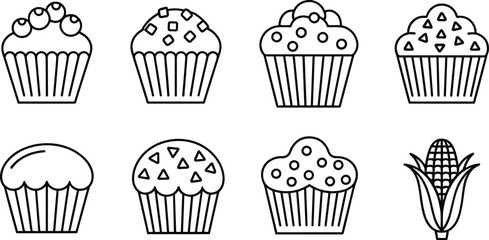 Black and white cupcake vector illustration set with decorative toppings, minimalist line art bakery desserts, sweet food icons, corn element