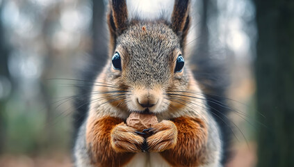 Obraz premium A close-up of a curious squirrel holding a nut in its paws amidst a forest backdrop.