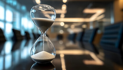 An elegant hourglass on a conference table symbolizing time management in a corporate environment.
