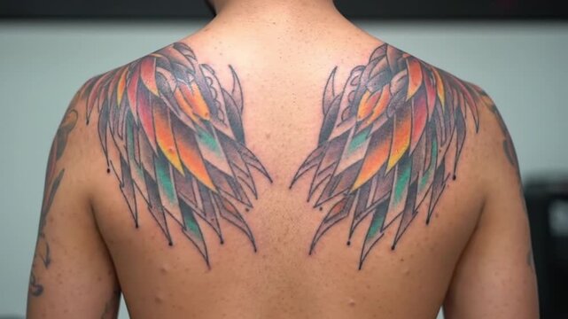 Colorful angel wing tattoos on person's back in close-up view