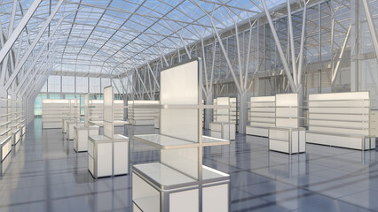Large commercial space with white display stands, glossy floor, clear vaulted roof overlooking the blue sky. 3d illustration