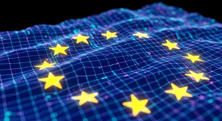 European Union digital network and communication systems. Data regulation and global connectivity concept. EU flag overlaid with a glowing blue digital wireframe grid and stars