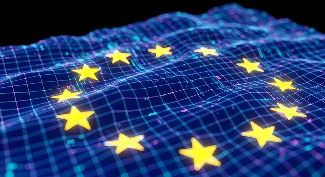 European Union digital network and communication systems. Data regulation and global connectivity concept. EU flag overlaid with a glowing blue digital wireframe grid and stars
