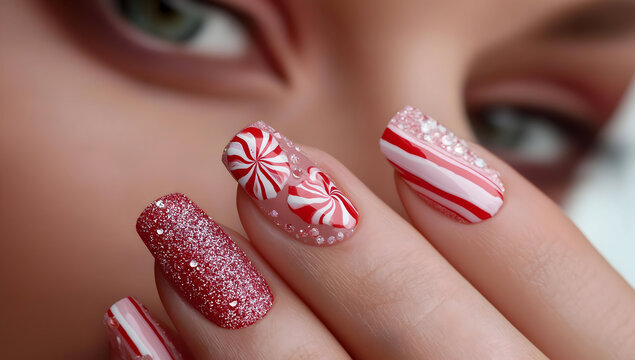 Elegant holiday-inspired nail art featuring candy cane designs and sparkly accents for festive beauty.