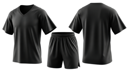 Black Vneck Tshirt and shorts set front and back view isolated on white background.