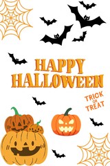 A spooky vector illustration of a Halloween pumpkin set and bats against a dark October night background, perfect for a holiday card or party design