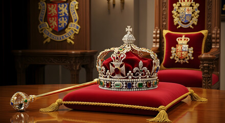 Royal Crown Jewels on Red Velvet Cushion | Royalty, Power, and Heritage for History, Documentary, and Luxury Marketing