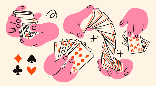Hands shuffle, hold, take cards, playing cards, card suits. Hand drawn trendy Vector illustration. Tournament, casino, poker, gambling, game, croupier, entertainment concept. Isolated design elements