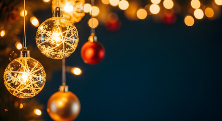 Festive Christmas Ornaments and Lights on a Dark Blue Background | Holiday Decoration for Festive Events, Greetings, and Winter Promotion