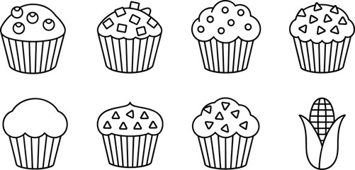 Black and white outline vector illustration set of muffins, cupcakes with toppings, and corn ear, minimalist bakery food design collection