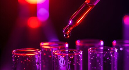 Laboratory experiment and advanced chemical analysis. Pharmaceutical testing and scientific research. Pipette dropping red liquid into several test tubes in a neon setting
