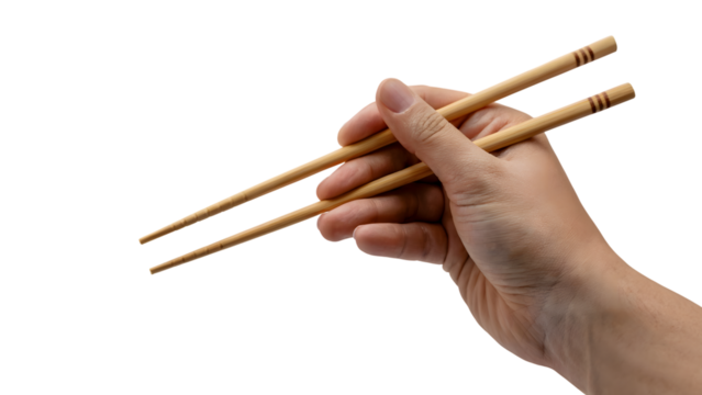 hand holding pair of wooden chopstick  . Isolated on transparent background, png