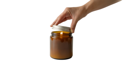 Hand holding the lid of candle jar  . Isolated on transparent background, png