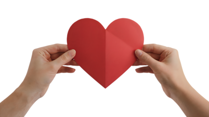 Hands carefully holding  red heart shape . Isolated on transparent background, png