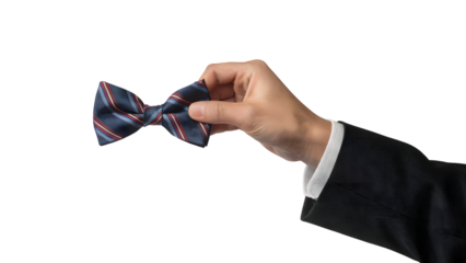 Man's hand elegantly presenting  stylish bow tie . Isolated on transparent background, png