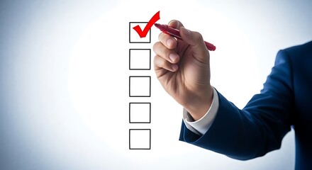 Businessman checking off a task on a checklist with a red pen, isolated on white background