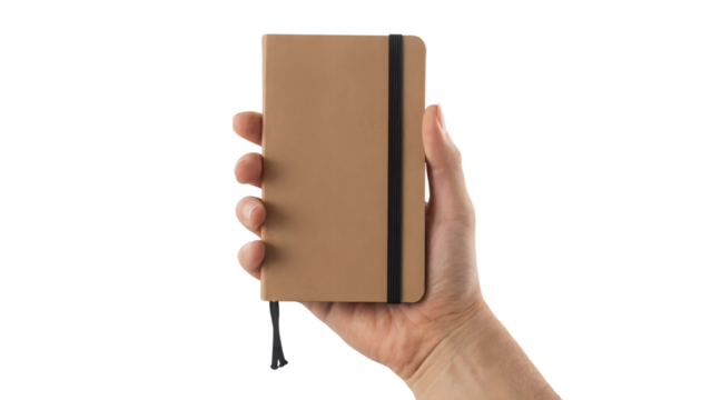hand holding small brown notebook with elastic band . Isolated on transparent background, png