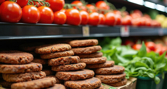 Plant based meat patties stacked for sale in grocery store aisle. Fresh red tomatoes on vine, green veggies on shelves in background. Healthy food choices for vegan, vegetarian diet widely available