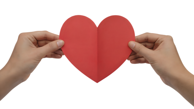 hands holding  red paper heart, love and care . Isolated on transparent background, png