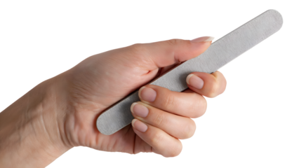 woman holding nail file with perfectly manicured hand . Isolated on transparent background, png