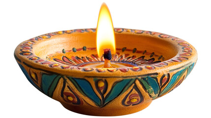 Ornate Traditional Clay Diya with Flame for Diwali Festival