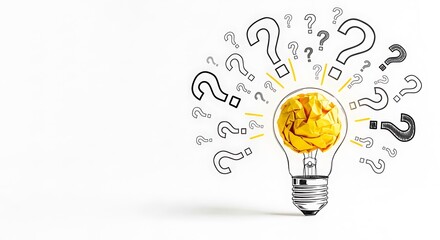 A crumpled yellow paper ball inside a lightbulb, surrounded by question marks, isolated on white background