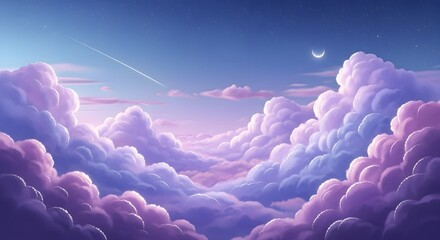 Dreamlike view above a layer of fluffy purple and pink clouds. Imagination, fantasy, and peaceful travel concept. Surreal pastel sky with a crescent moon and shooting star