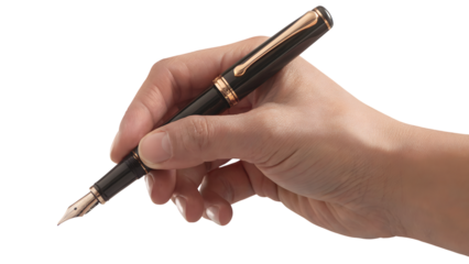 Hand holding elegant fountain pen . Isolated on transparent background, png