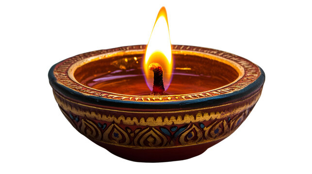 Ornate Traditional Clay Diya with Flame for Diwali Festival