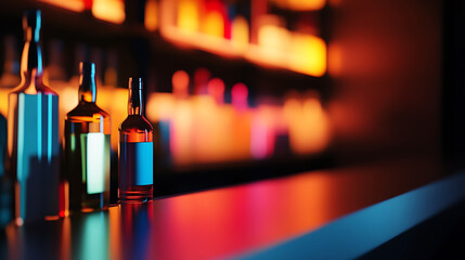 A vibrant bar scene featuring an array of illuminated bottles lining a sleek countertop, creating a dynamic interplay of color and light, inviting relaxation.